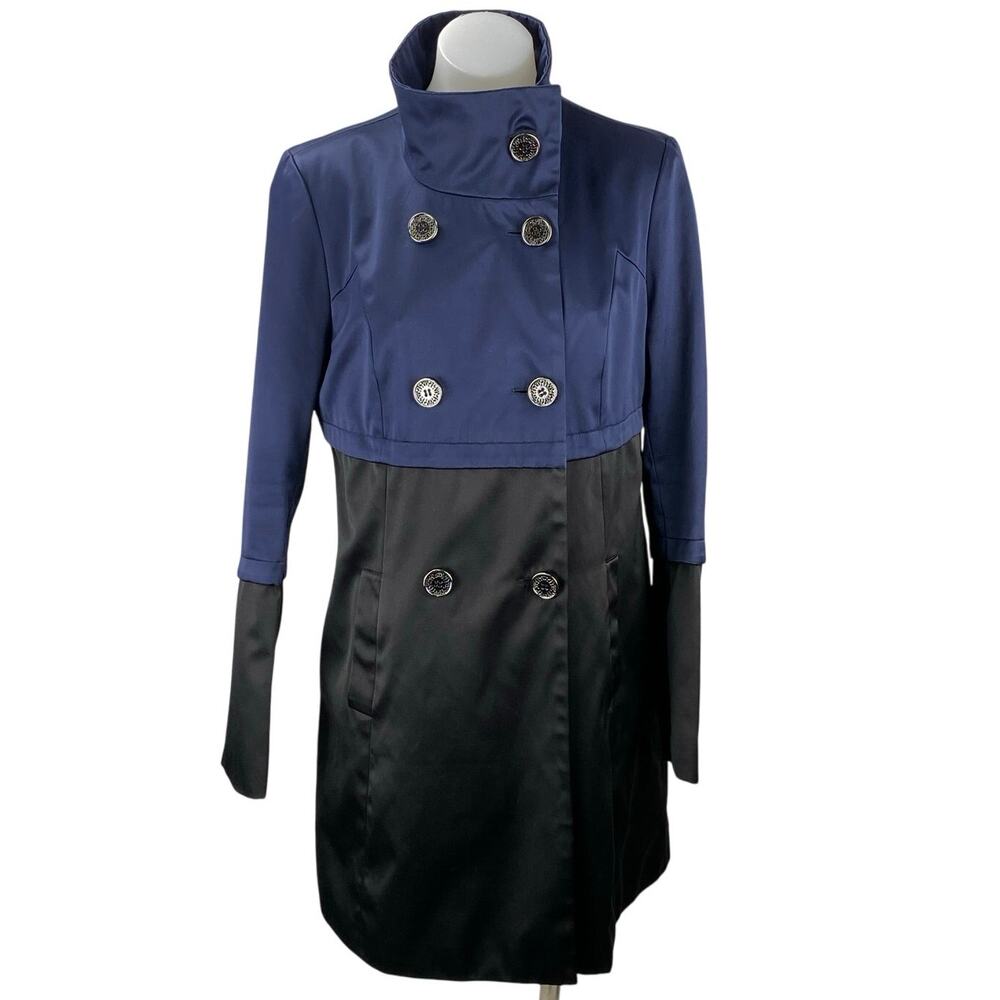 TAHARI Anya Blue Black Colorblock Satin Double Breasted Trench Coat Jacket Sz S